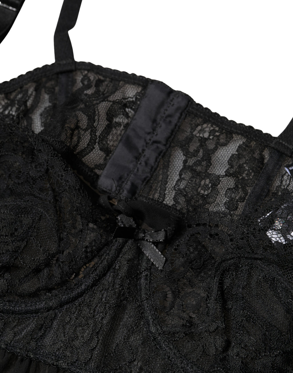 Lingerie Dolce & Gabbana en soie noire avec dentelle florale, haut de sous-vêtements élégant et féminin.