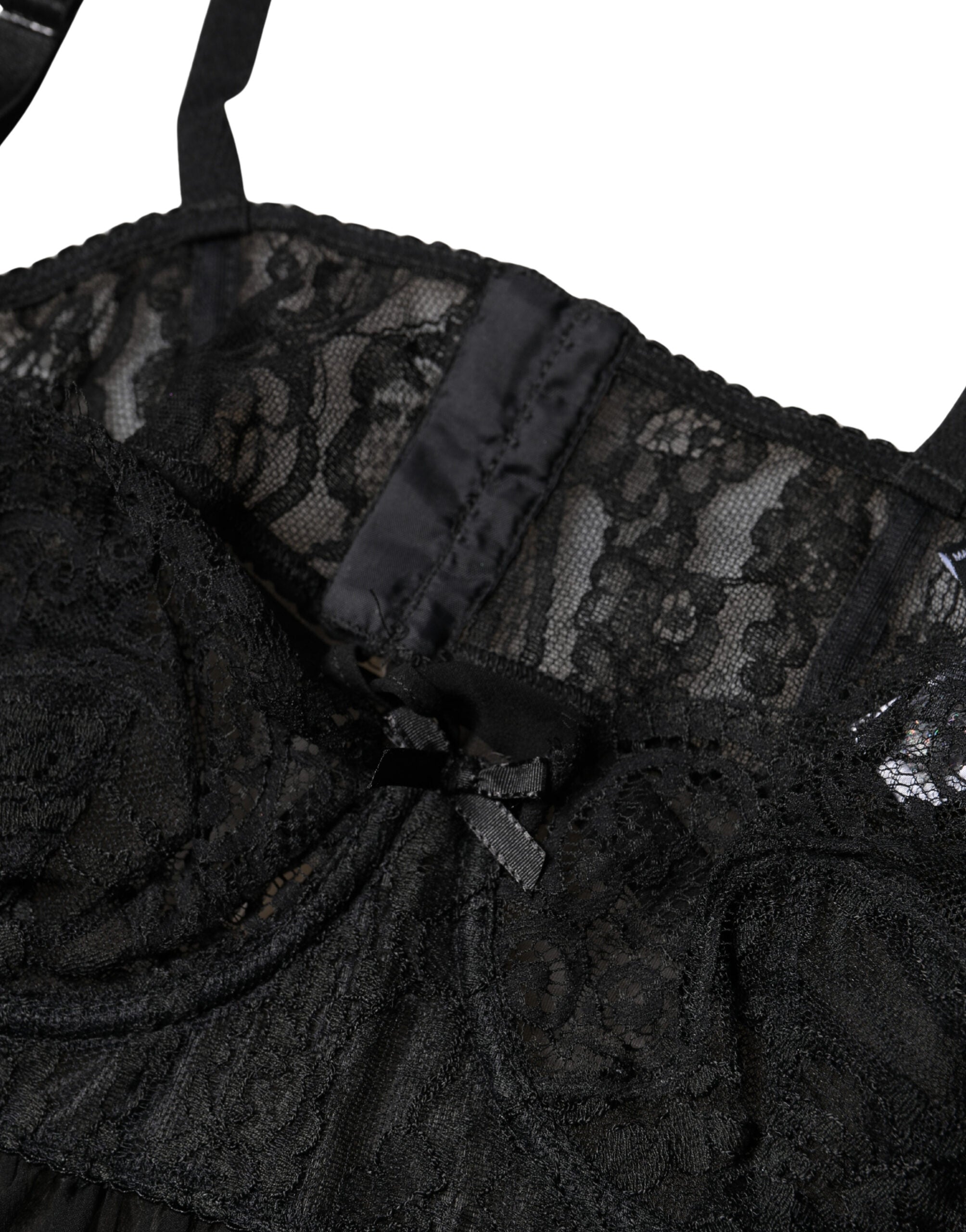 Lingerie Dolce & Gabbana en soie noire avec dentelle florale, haut de sous-vêtements élégant et féminin.
