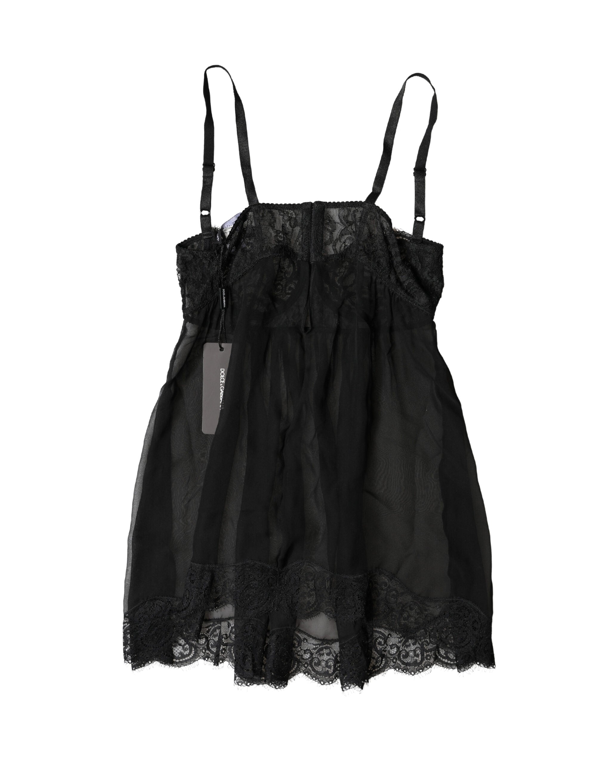 Haut de lingerie en soie noire Dolce & Gabbana avec dentelle florale, élégante et raffinée, visible en gros plan.