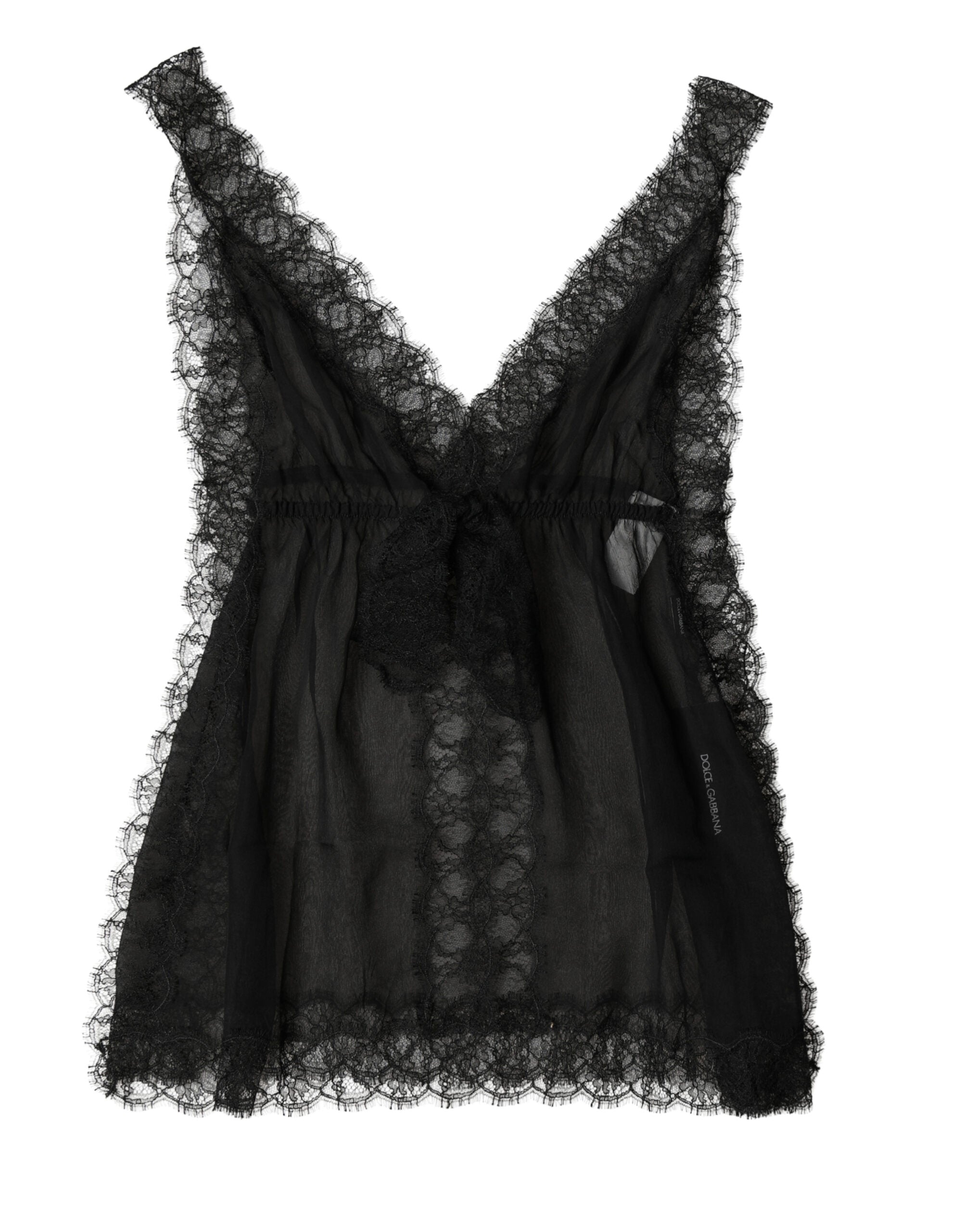 Haut de lingerie en soie noire Dolce & Gabbana avec dentelle florale, élégant et féminin, visible en détail.