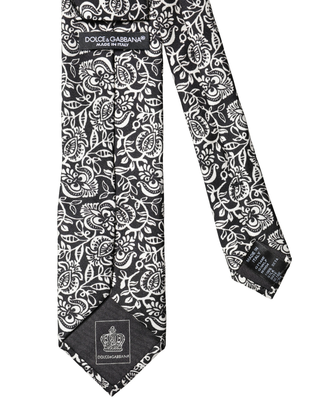 Dolce & Gabbana Black White Floral Fantasy Silk Adjustable Necktie Tie