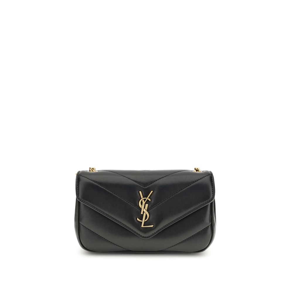 Sac à main Saint Laurent en cuir d'agneau noir avec bandoulière et détails élégants, vue de face.