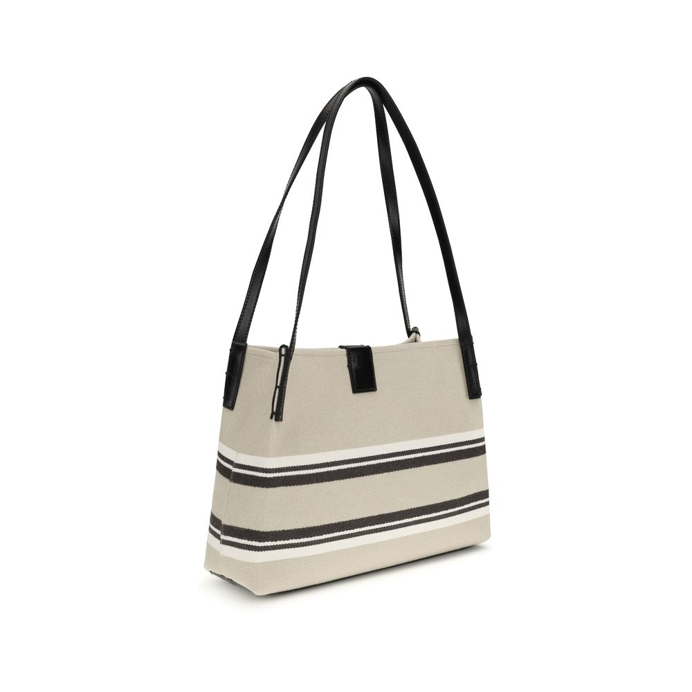 Sac à épaules beige en coton de la marque Balmain, avec détails élégants et design sophistiqué.