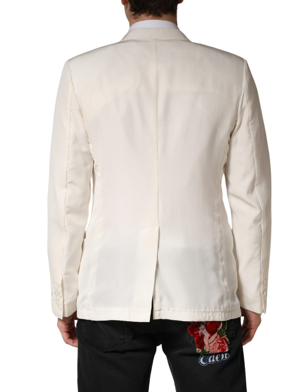 Veste blazer blanche en coton à un bouton de Dolce & Gabbana, élégante et classique, portée sur un mannequin.