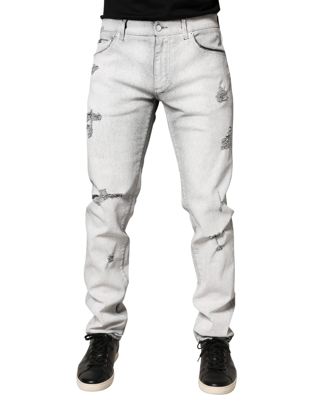 Jeans homme Dolce & Gabbana gris clair, skinny déchirés en denim avec détails usés, style élégant et tendance.