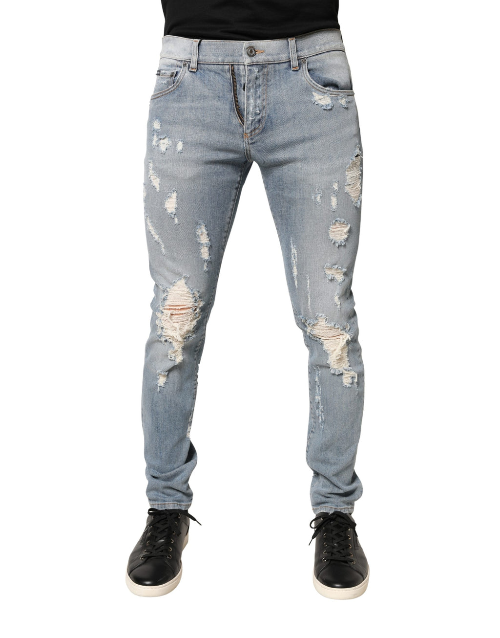 Jeans slim déchirés en denim gris pour homme de Dolce & Gabbana Light Blue, style décontracté et tendance.