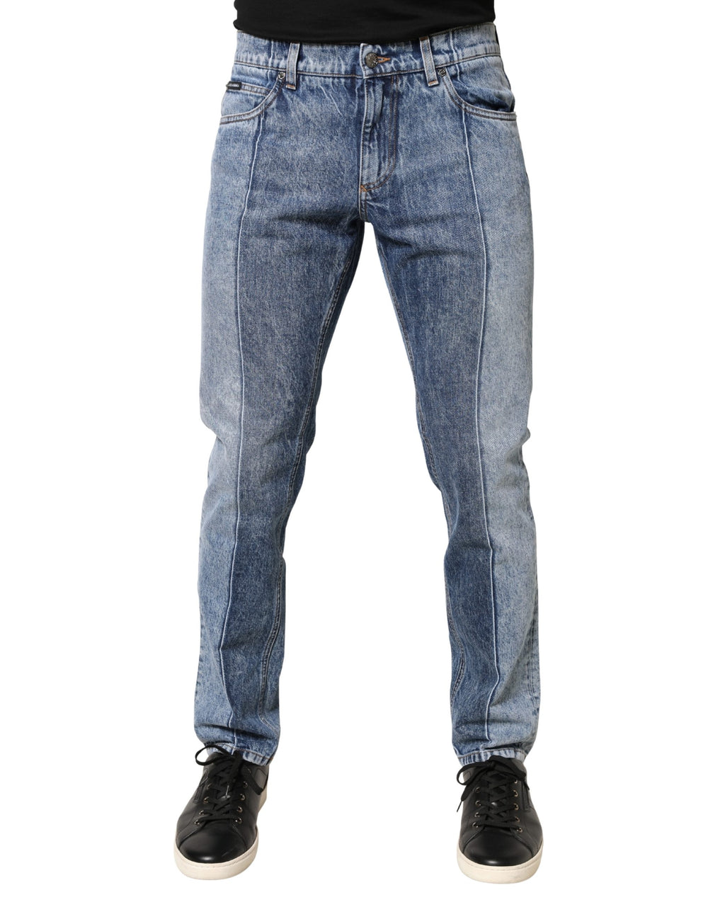 Jean homme Dolce & Gabbana en denim coton bleu deux tons, coupe régulière et style classique, visible en détail dans l'image.