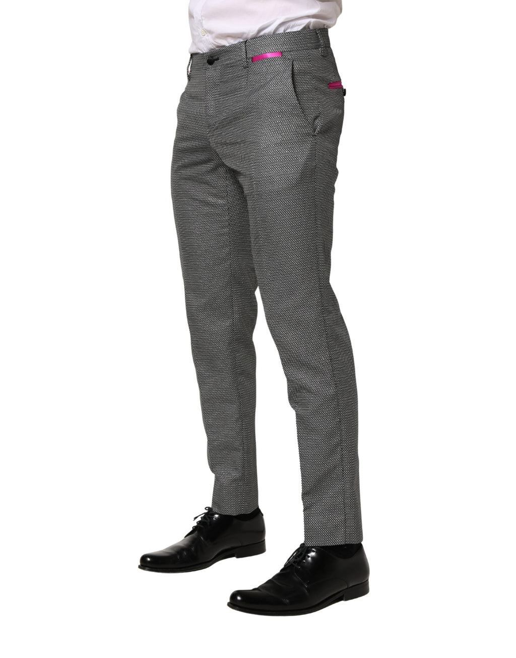 Pantalon homme gris en viscose Dolce & Gabbana, coupe skinny, pantalon habillé élégant avec ceinture et poches avant.