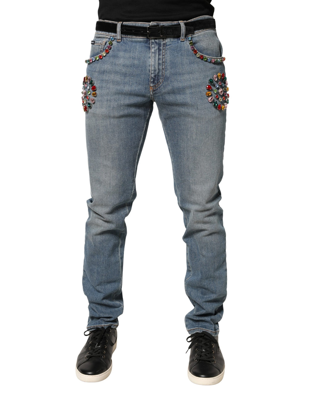 Jeans homme en denim bleu Dolce & Gabbana, coupe décontractée, ornés de détails embellis en coton.