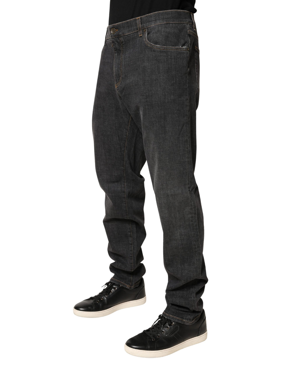 Jean homme en denim gris foncé Dolce & Gabbana, coupe slim fit, en coton, visible avec poches et fermeture éclair.