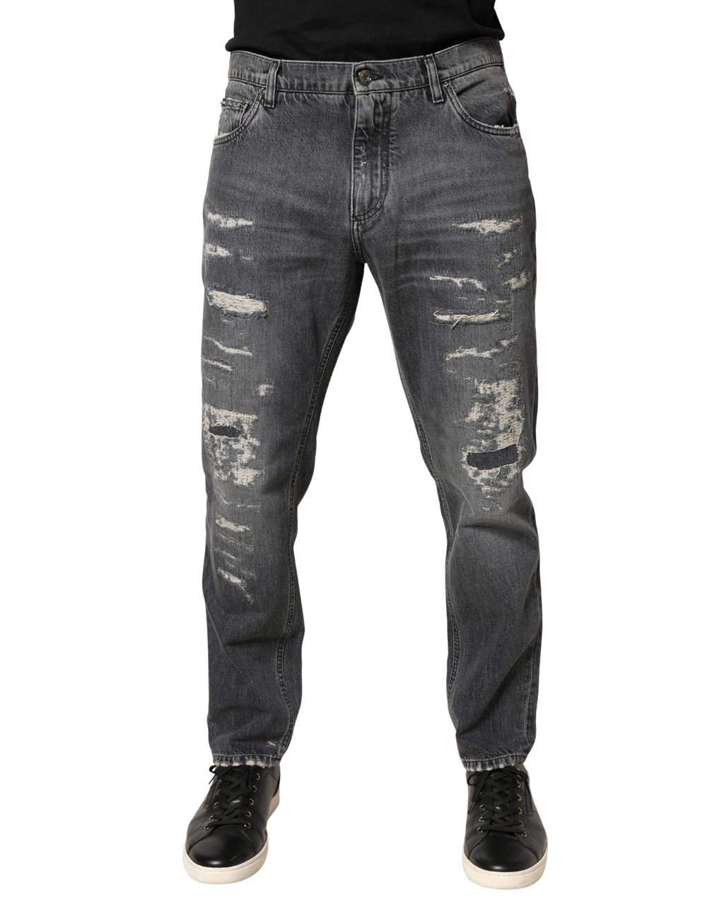 Jeans en denim gris foncé déchiré de coupe ample de Dolce & Gabbana, tissu en coton, style décontracté et tendance.