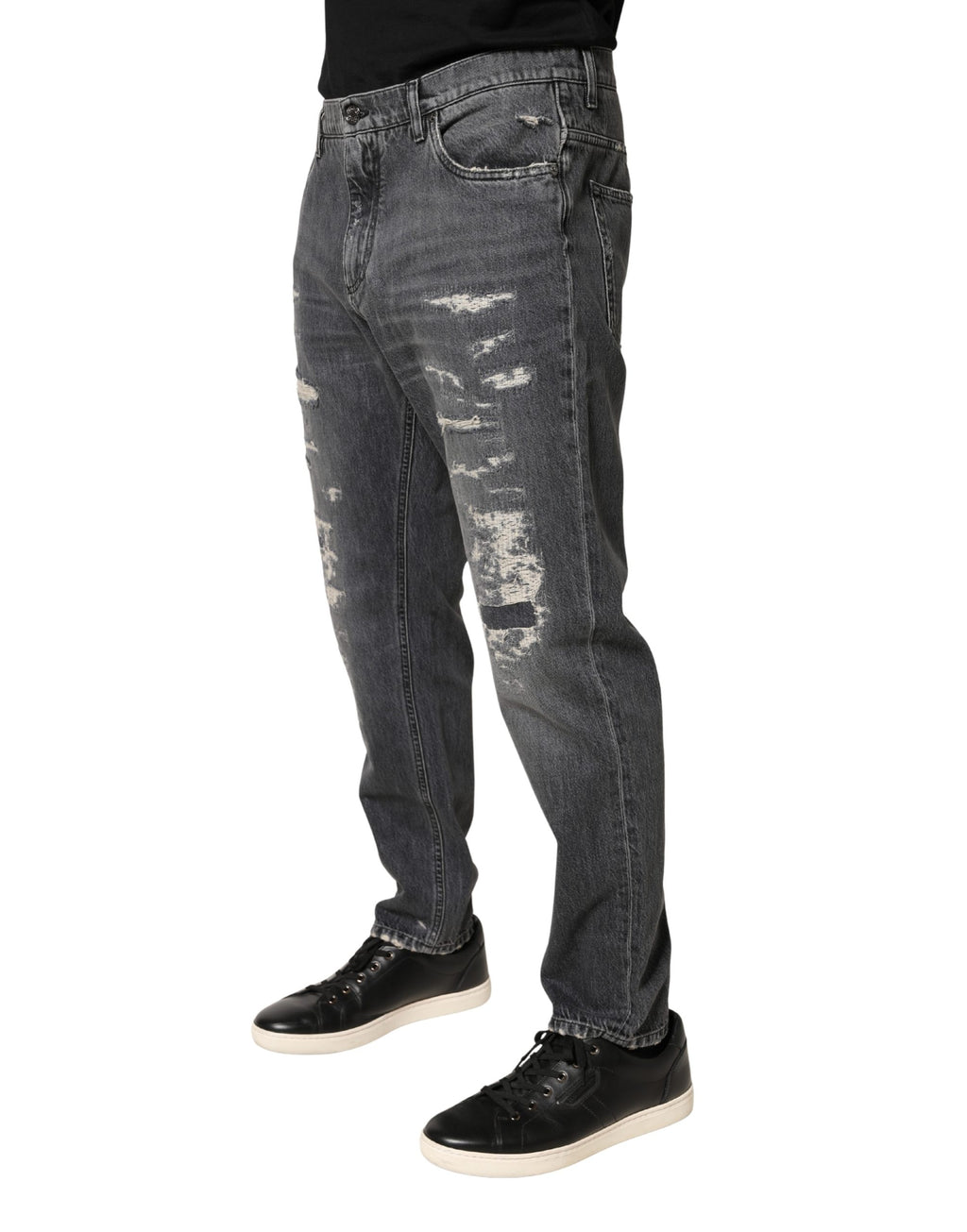 Jean en denim déchiré gris foncé de Dolce & Gabbana, coupe ample et look décontracté, avec détails usés.