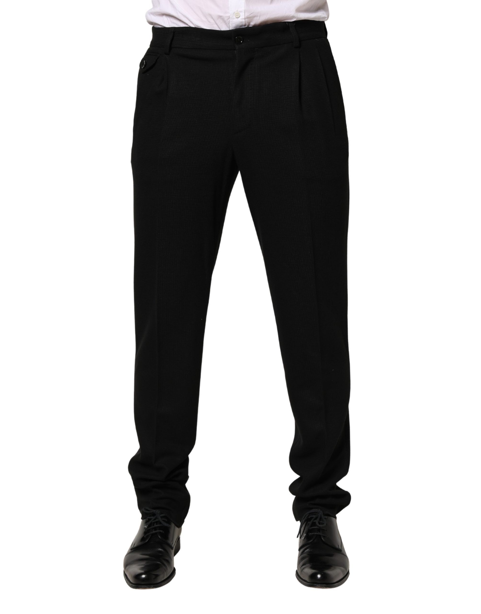 Pantalon homme Dolce & Gabbana en laine noire, coupe skinny, pantalon habillé élégant avec finition soignée.