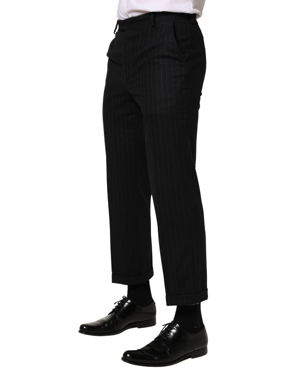Pantalon formel en laine à rayures noires de Dolce & Gabbana, pantalon élégant pour occasion spéciale.