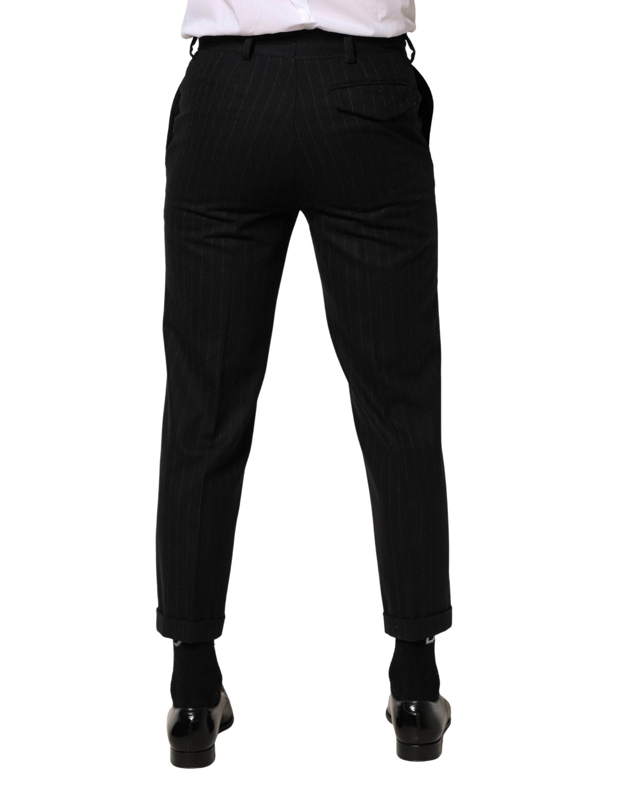 Pantalon formel Dolce & Gabbana en laine noire à rayures, pantalon élégant pour occasions professionnelles ou habillées.
