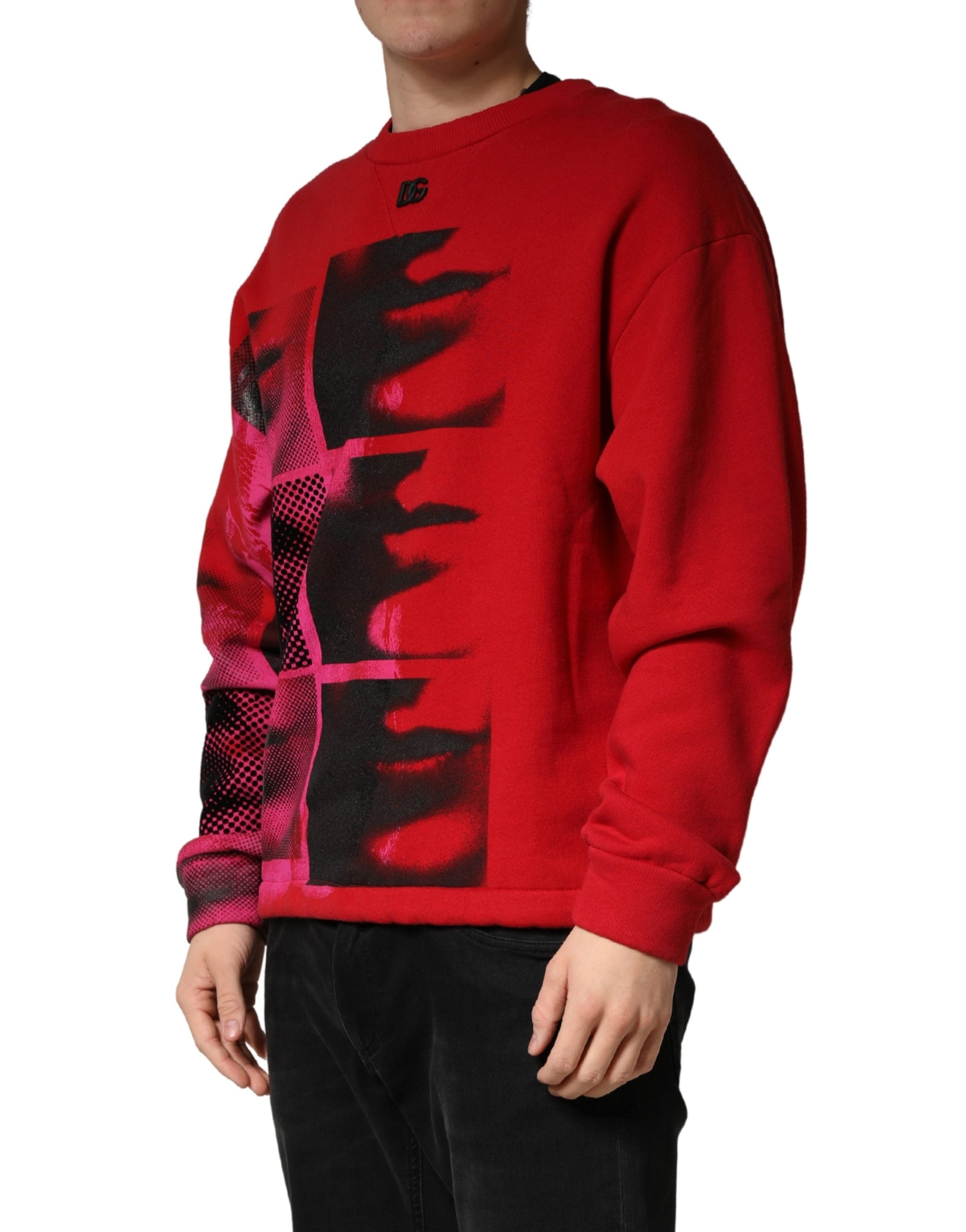 Sweat-shirt homme Dolce & Gabbana rouge à motif graphique, col rond, sweat à manches longues, style décontracté.