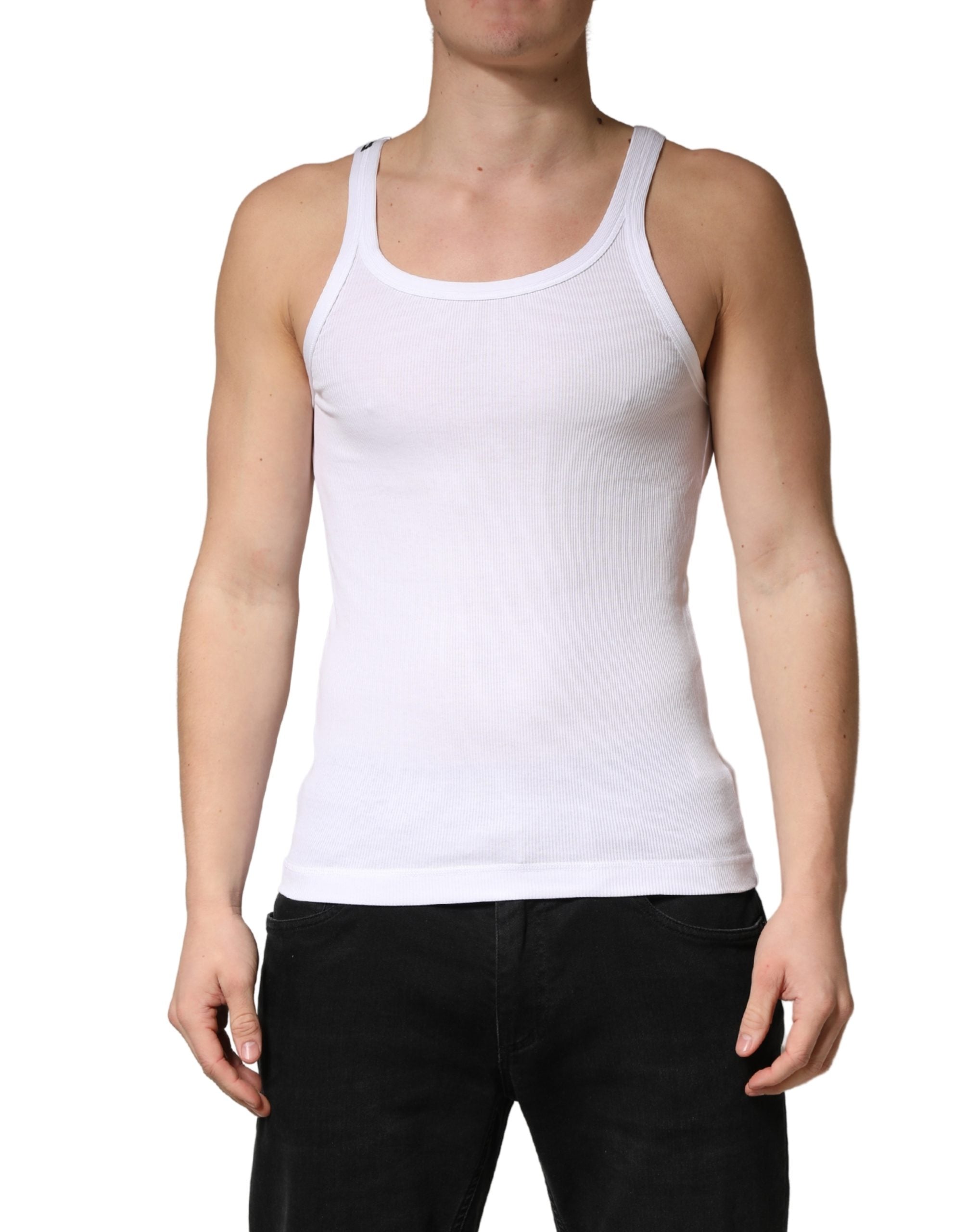 T-shirt sans manches blanc Dolce & Gabbana à col rond, vue de face, en coton léger.