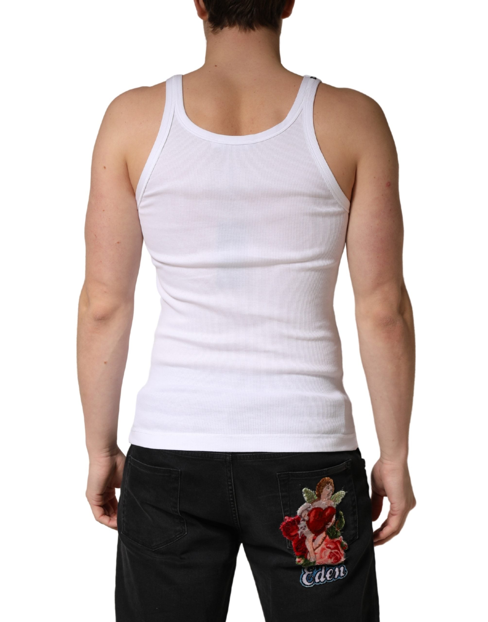 T-shirt sans manches blanc Dolce & Gabbana avec col rond, vue de face, en coton léger, parfait pour un style élégant et décontracté.