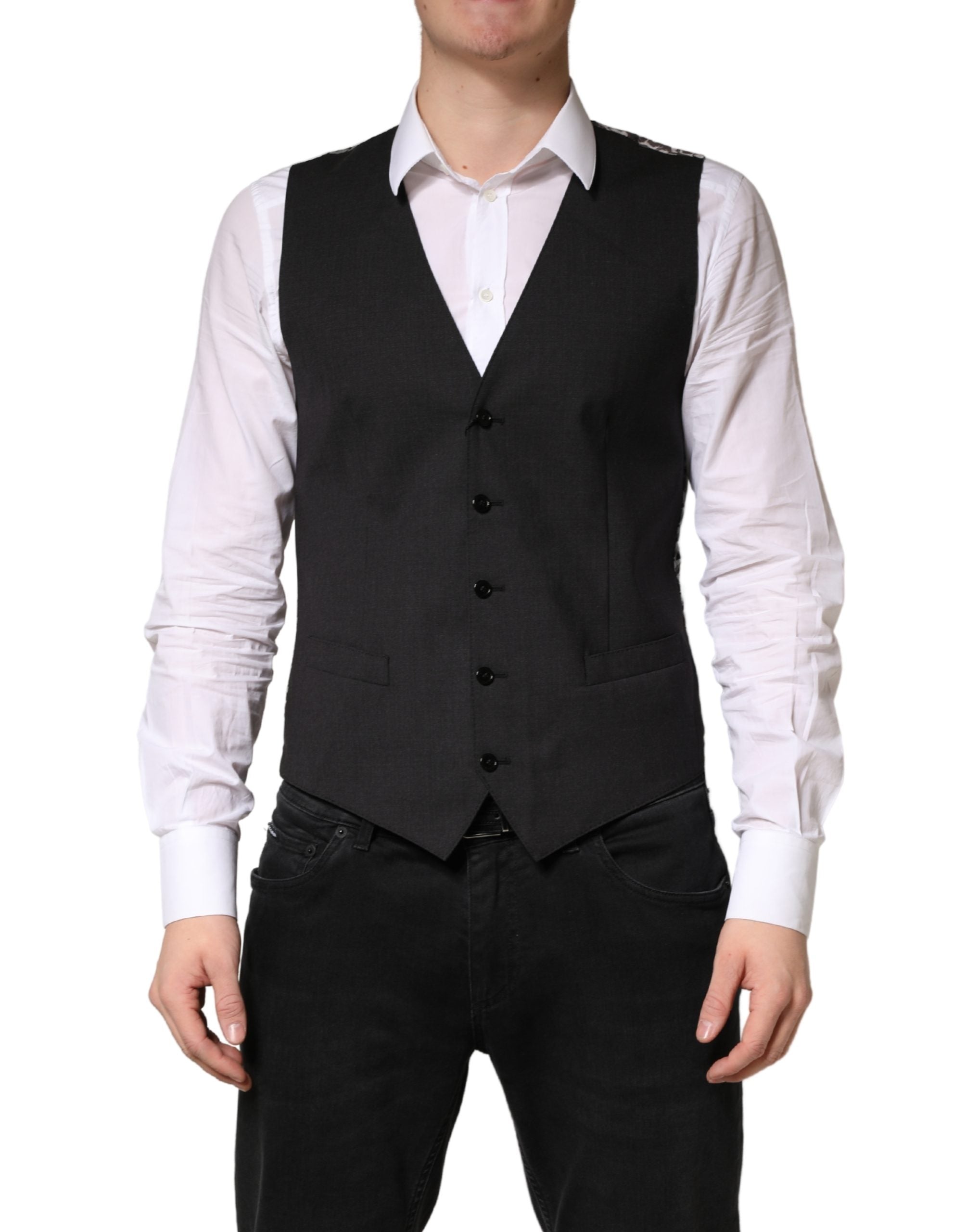 Gilet noir en laine Dolce & Gabbana pour homme, costume formel, veste de cérémonie élégante, détails sophistiqués.