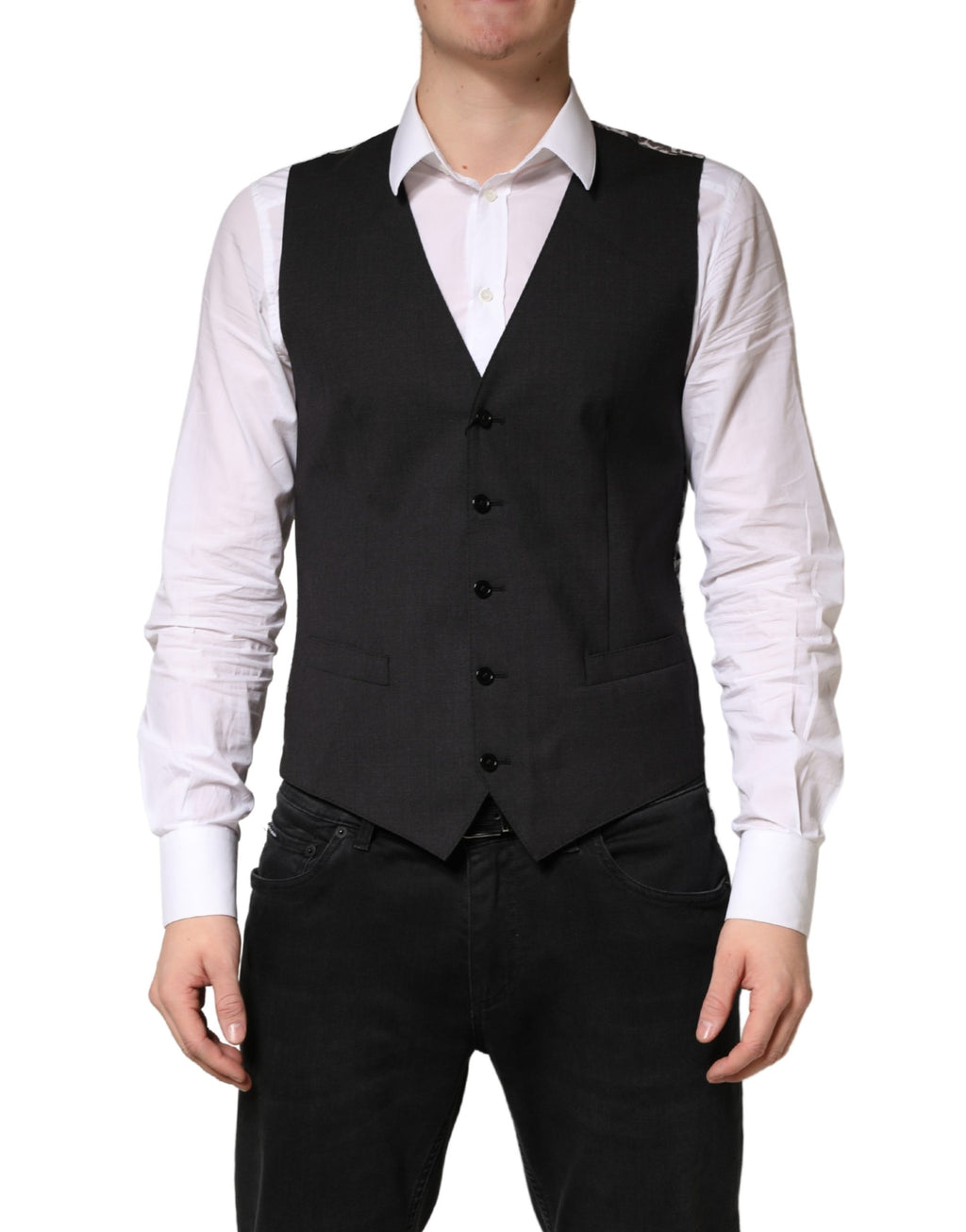 Gilet formel en laine noire Dolce & Gabbana pour homme, veste élégante avec coupe ajustée et détails sophistiqués.