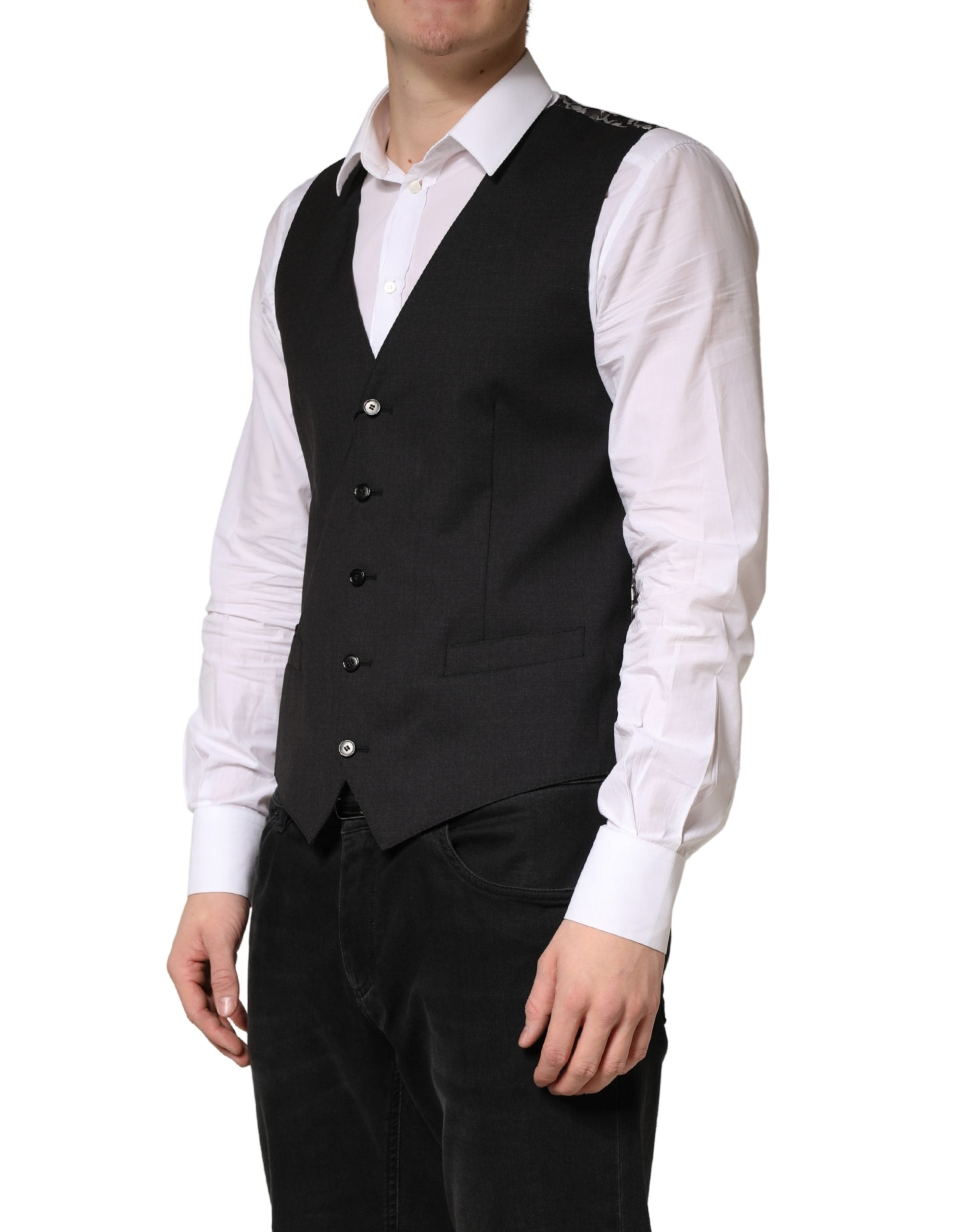 Gilet homme en laine noire Dolce & Gabbana, costume formel, veste de taille élégante, sans manches, détail sophistiqué.