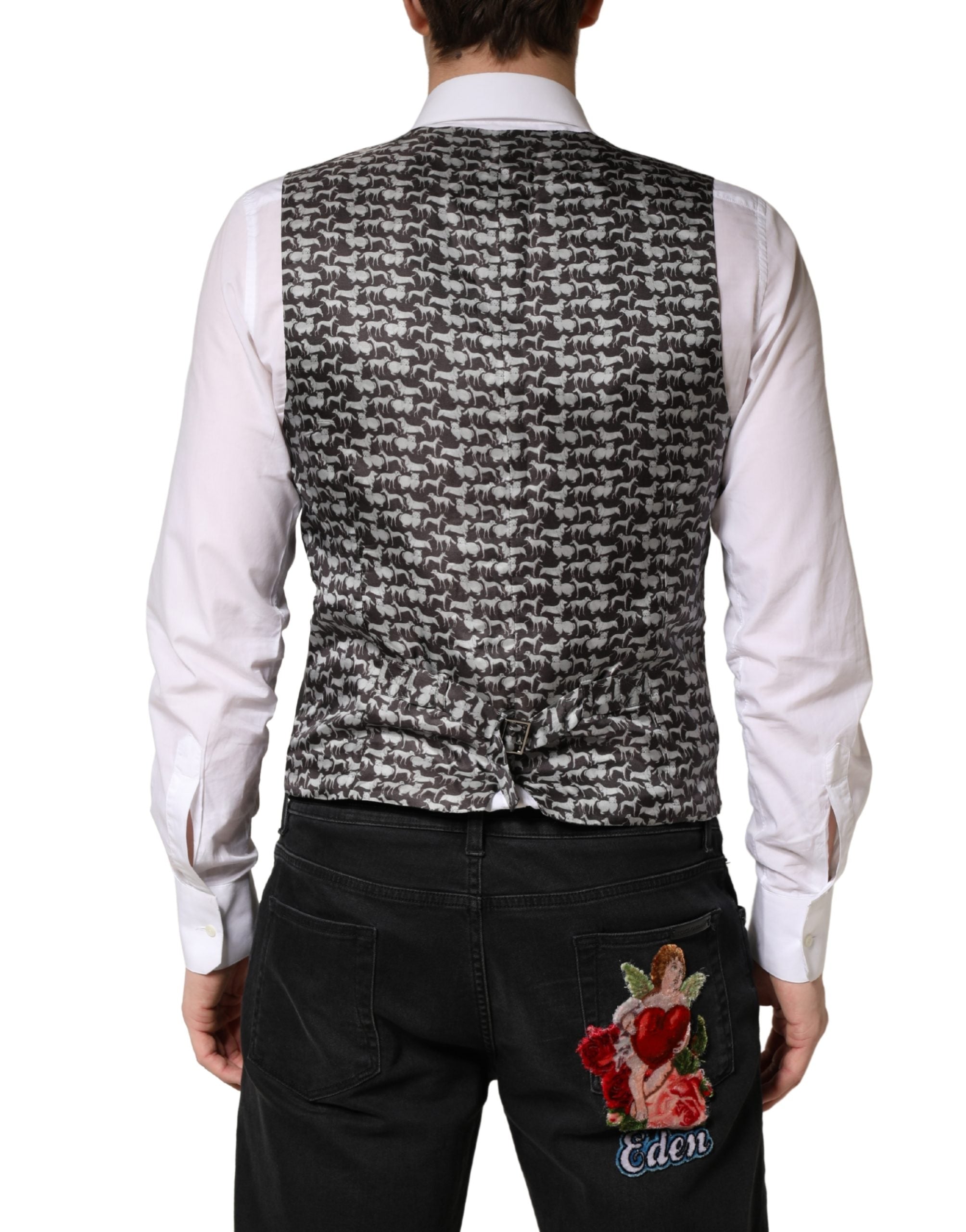 Veste sans manche en laine noire Dolce & Gabbana pour homme, costume formel, style élégant et sophistiqué.