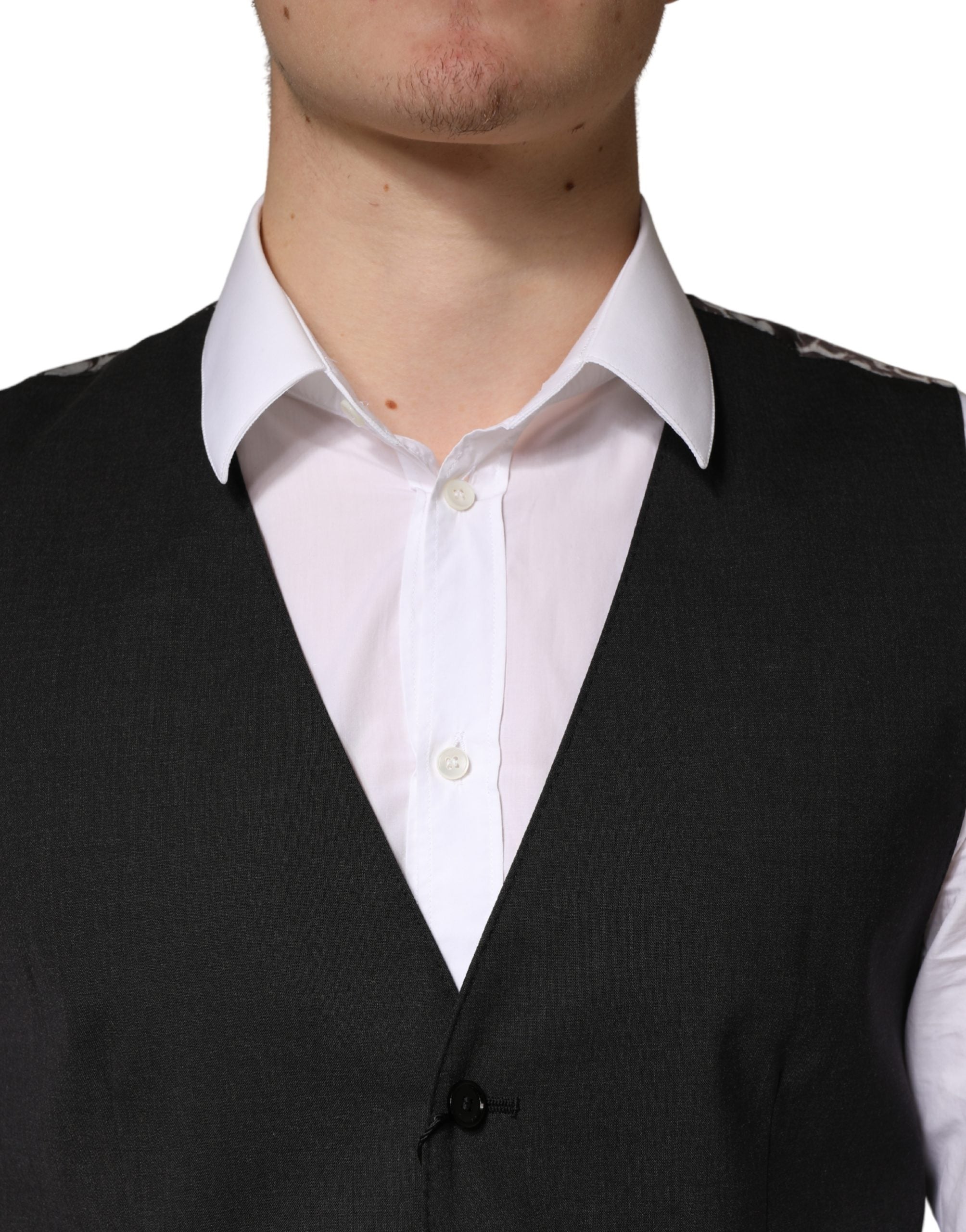 Gilet homme en laine noire Dolce & Gabbana, veste de costume formelle élégante avec coupe ajustée et détails sophistiqués.