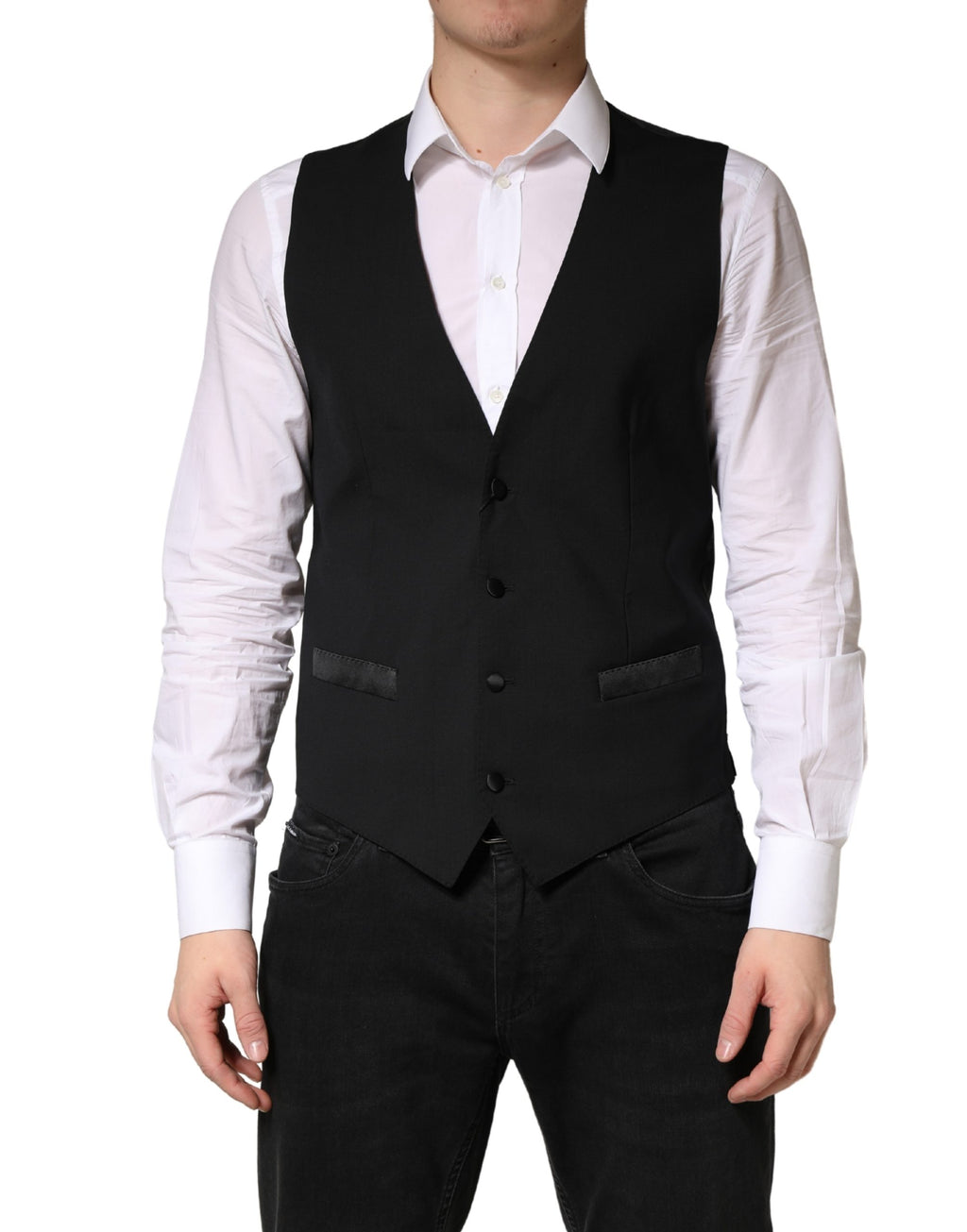 Gilet homme en laine noire Dolce & Gabbana, vêtement formel, veste cintrée élégante et sophistiquée.