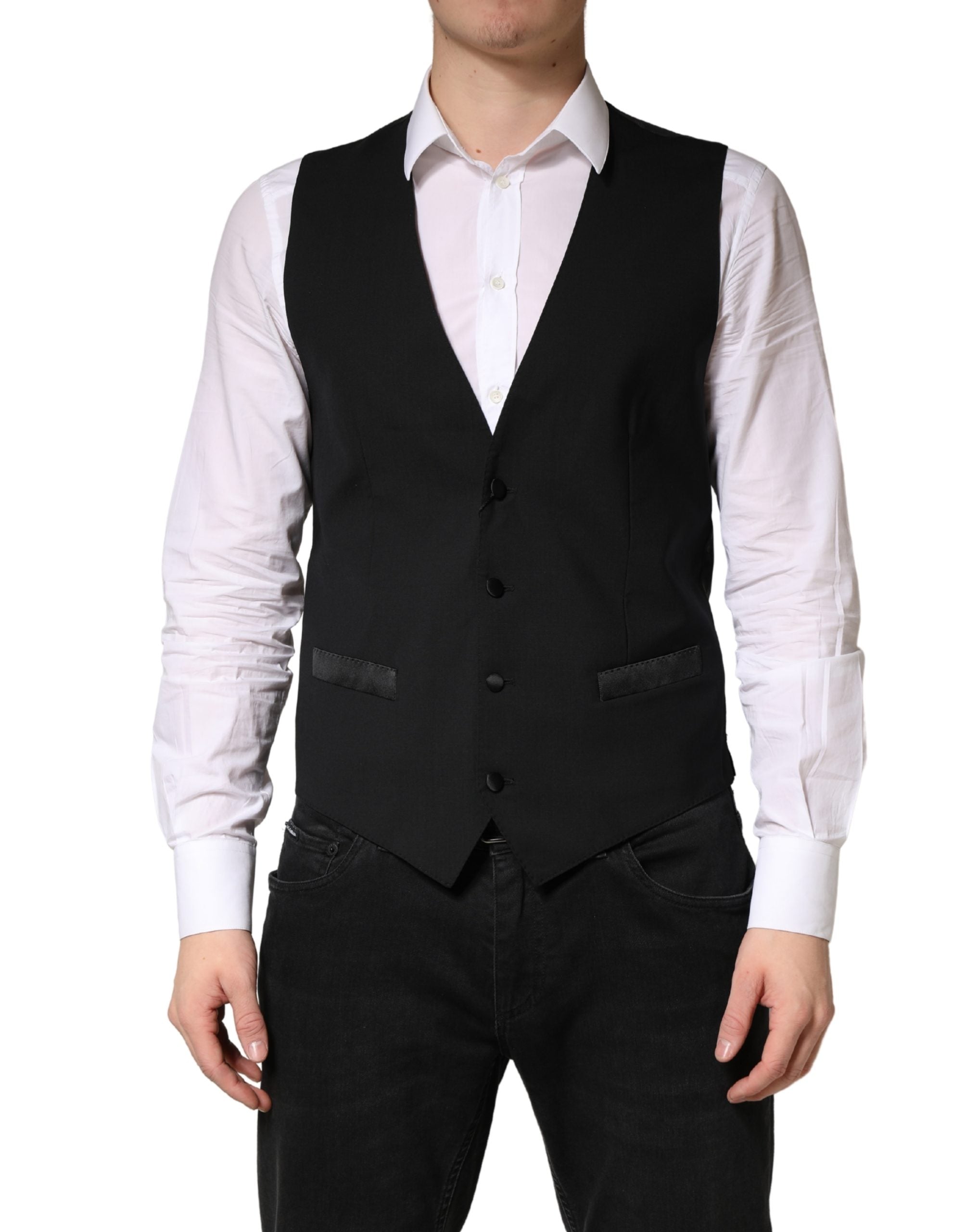 Gilet homme en laine noire Dolce & Gabbana, vêtement formel, veste cintrée élégante et sophistiquée.
