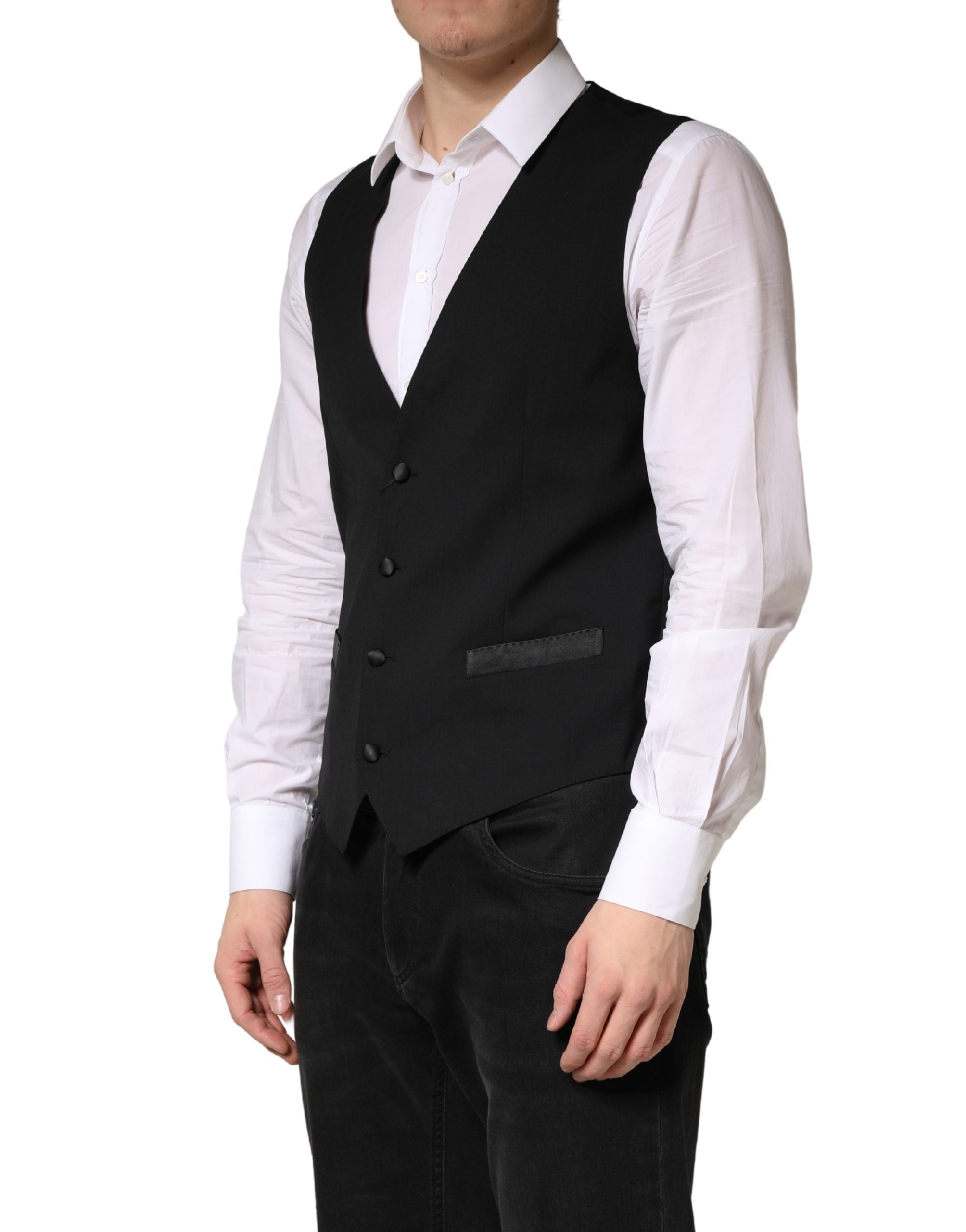 Veste en laine noire Dolce & Gabbana pour hommes, costume formel, gilet cintré élégant et sophistiqué.