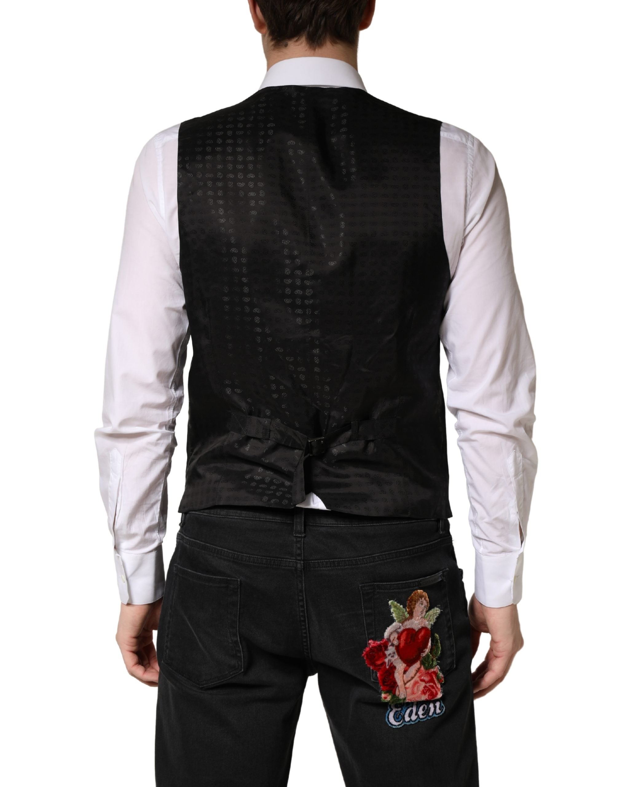 Veste gilet en laine noire Dolce & Gabbana pour homme, costume formel, détail élégant et coupe ajustée