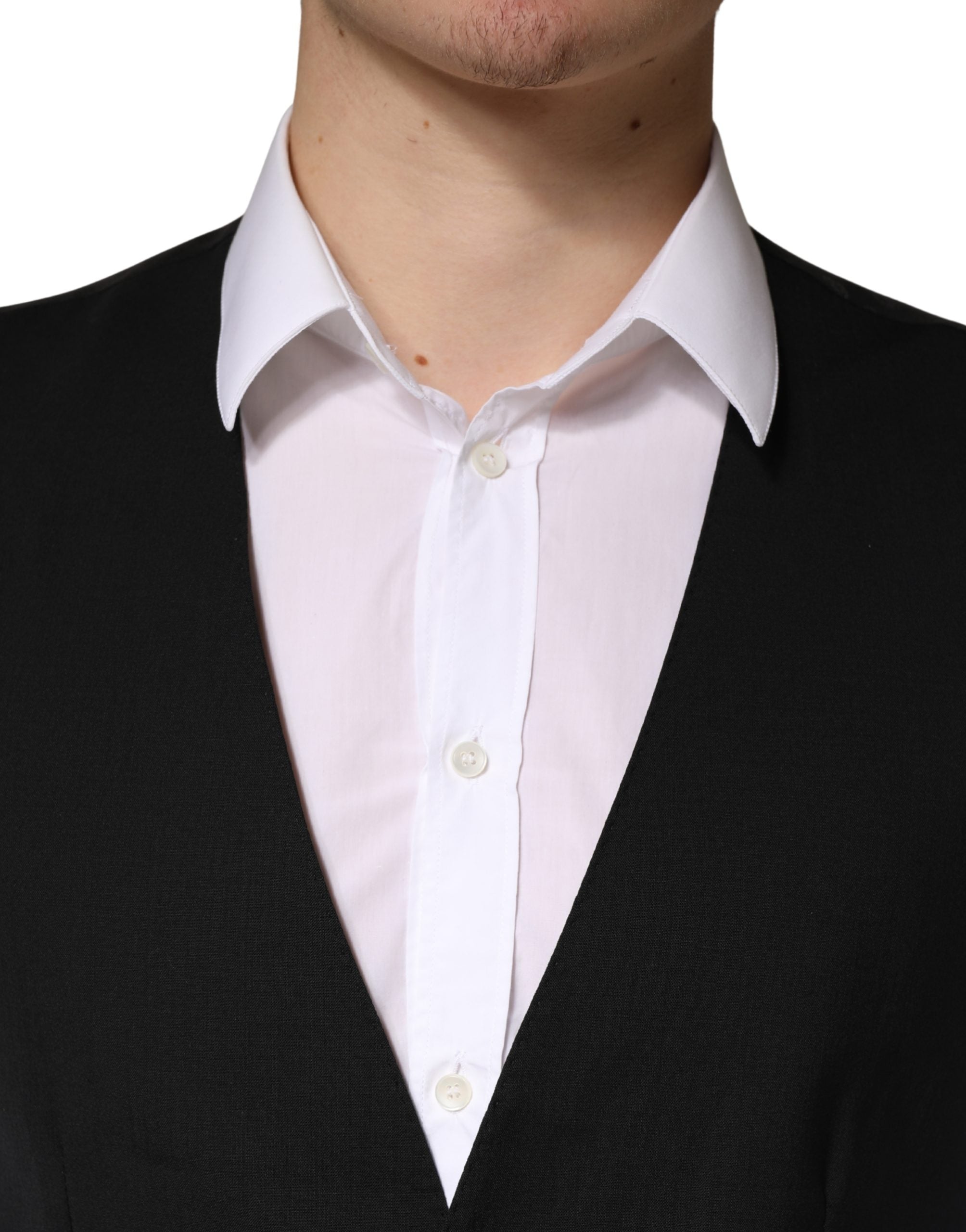 Gilet homme formel en laine noire Dolce & Gabbana, veste de costume élégante pour occasions spéciales.