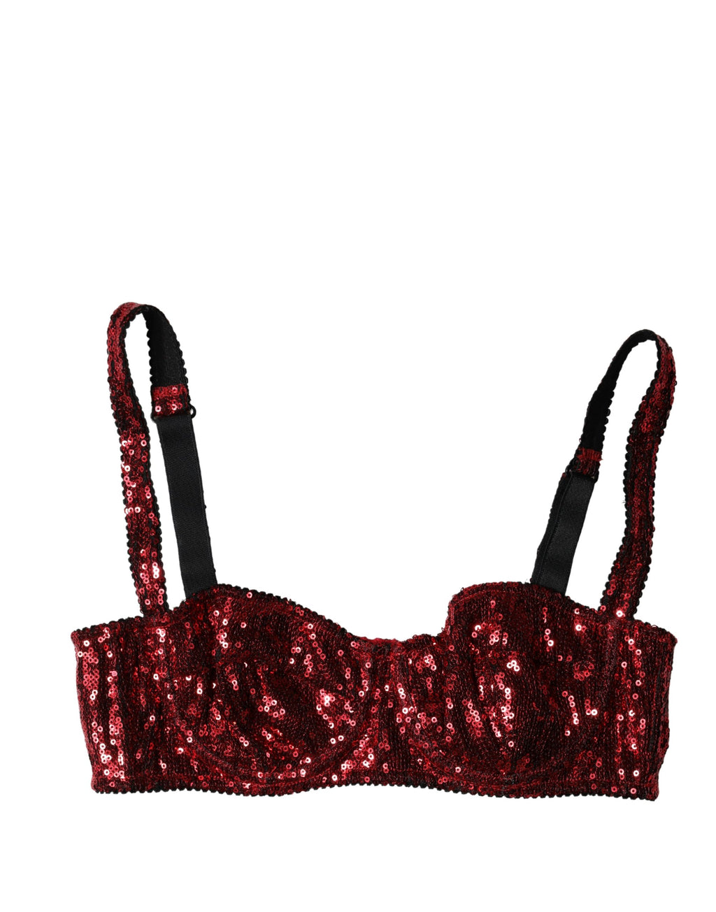 Soutien-gorge balconnet en nylon rouge à sequins de Dolce & Gabbana, lingerie élégante avec détails brillants.