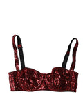 Soutien-gorge balconnet en nylon rouge à sequins de Dolce & Gabbana, lingerie élégante et brillante, vue de face.
