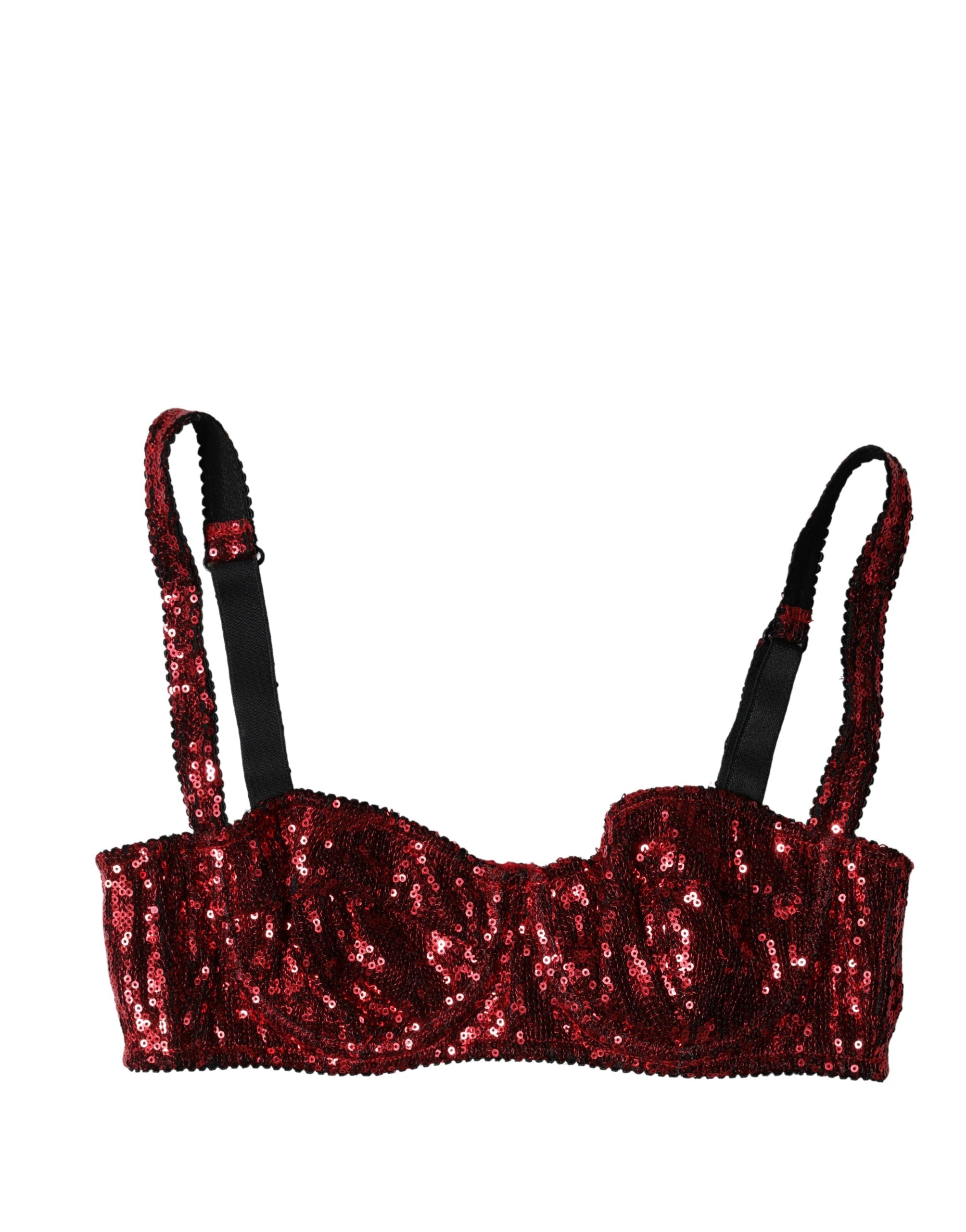 Soutien-gorge balconnet en nylon rouge à sequins de Dolce & Gabbana, lingerie élégante et brillante, vue de face.