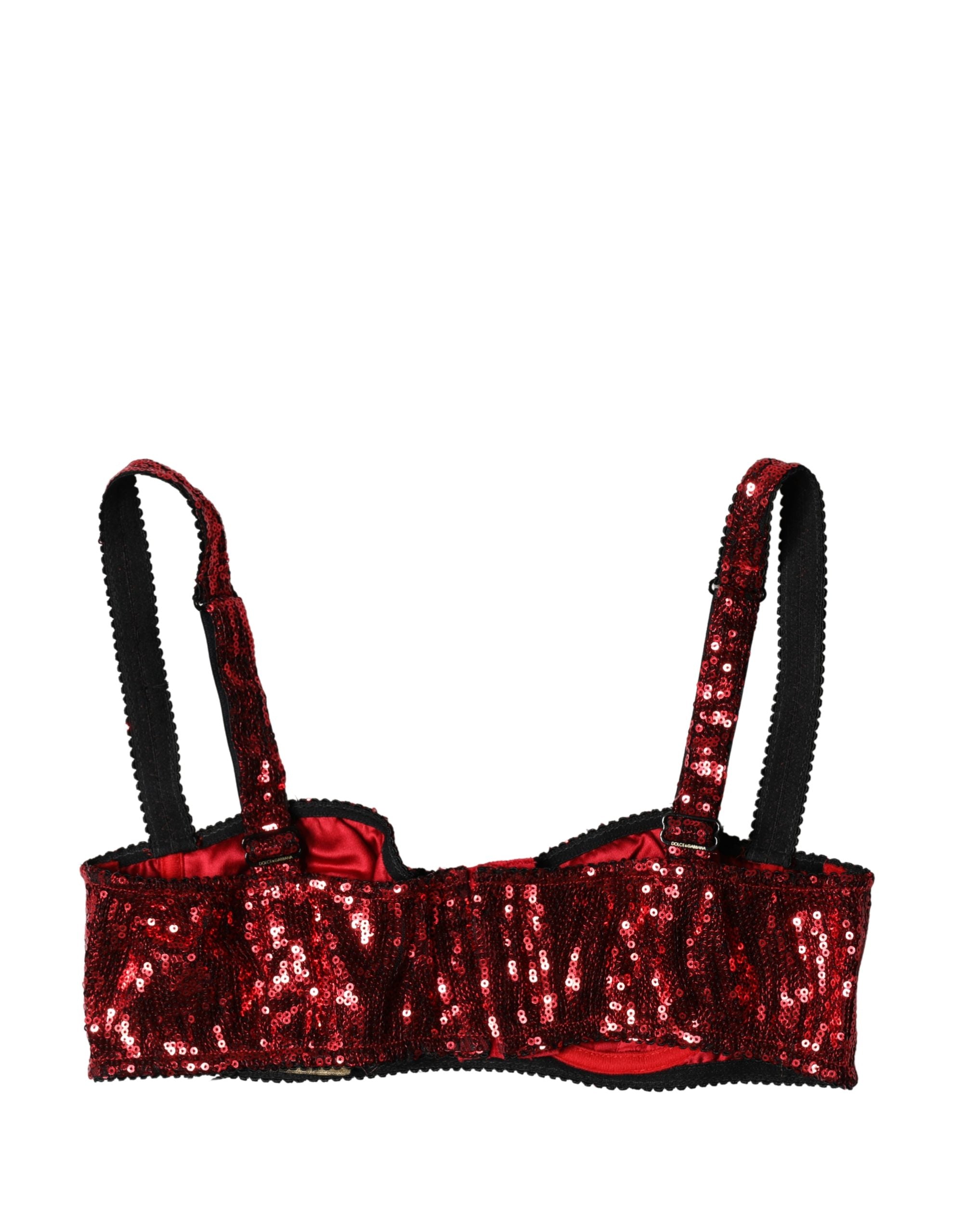Soutien-gorge balconnet en nylon rouge à sequins de Dolce & Gabbana, lingerie élégante et brillante.