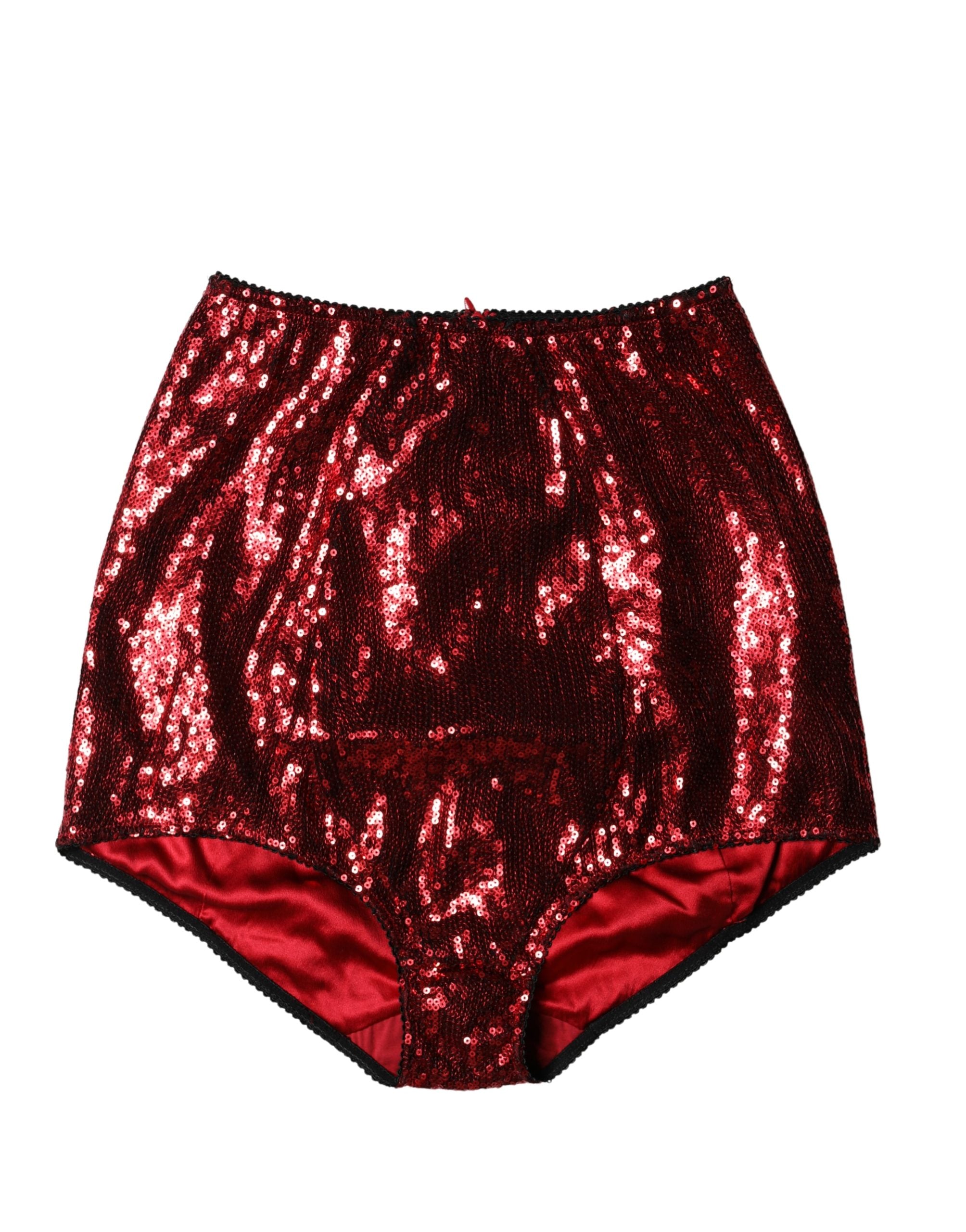 Culotte haute Dolce & Gabbana rouge ornée de sequins brillants, lingerie élégante à taille haute.