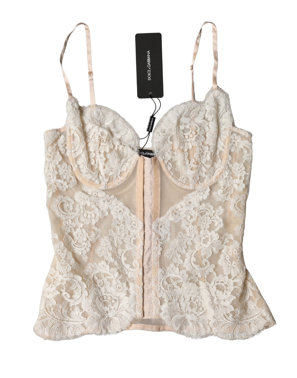 Corset en dentelle beige à fleurs de Dolce & Gabbana, lingerie élégante avec détails floraux et finition raffinée.