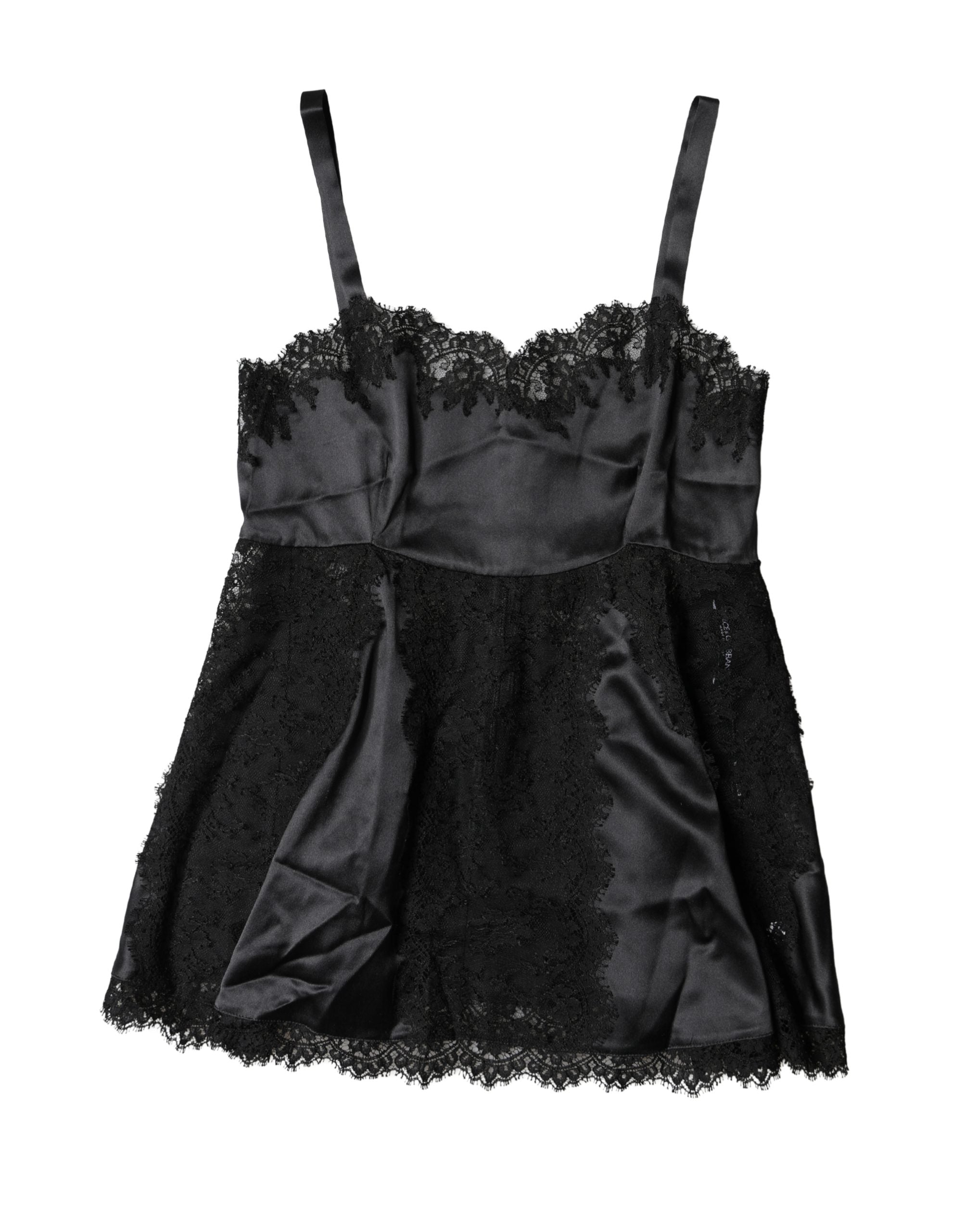 Haut de lingerie en soie noire avec broderie en dentelle, Dolce & Gabbana, élégant et féminin.