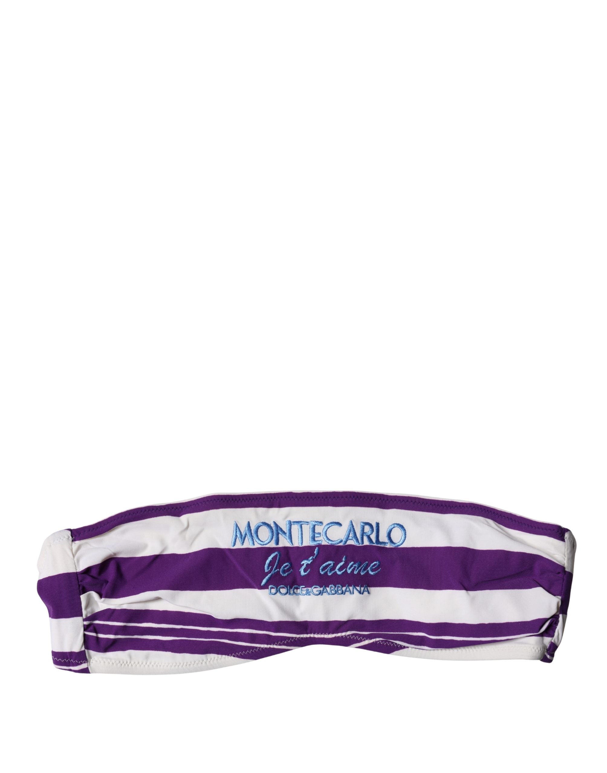Maillot de bain bustier en nylon à rayures violettes et blanches de Dolce & Gabbana, vue de face.
