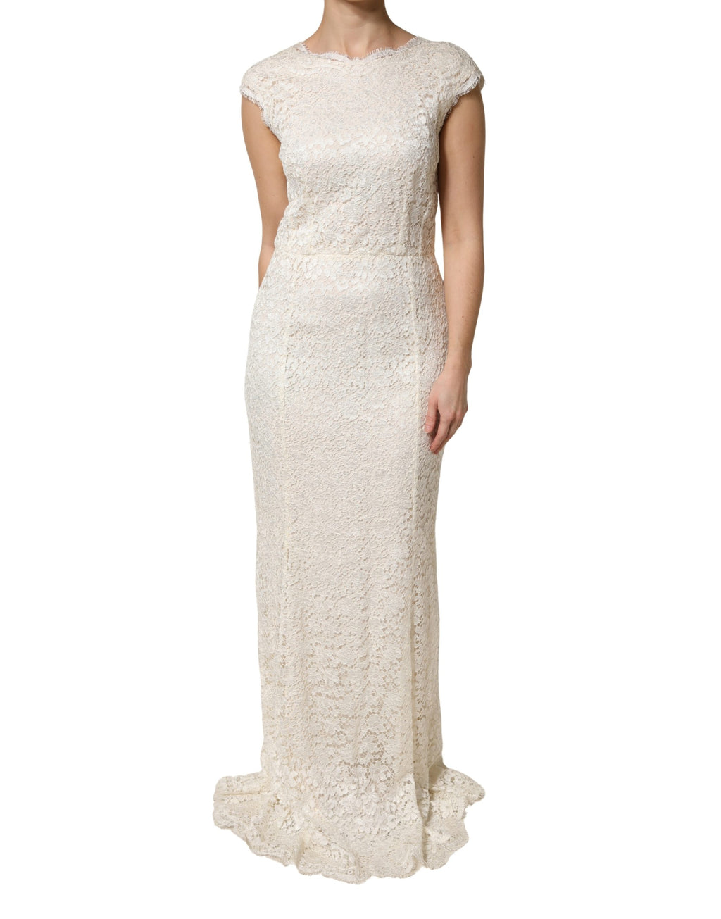 Robe longue Dolce & Gabbana en viscose blanche avec dentelle, coupe près du corps et détails élégants.