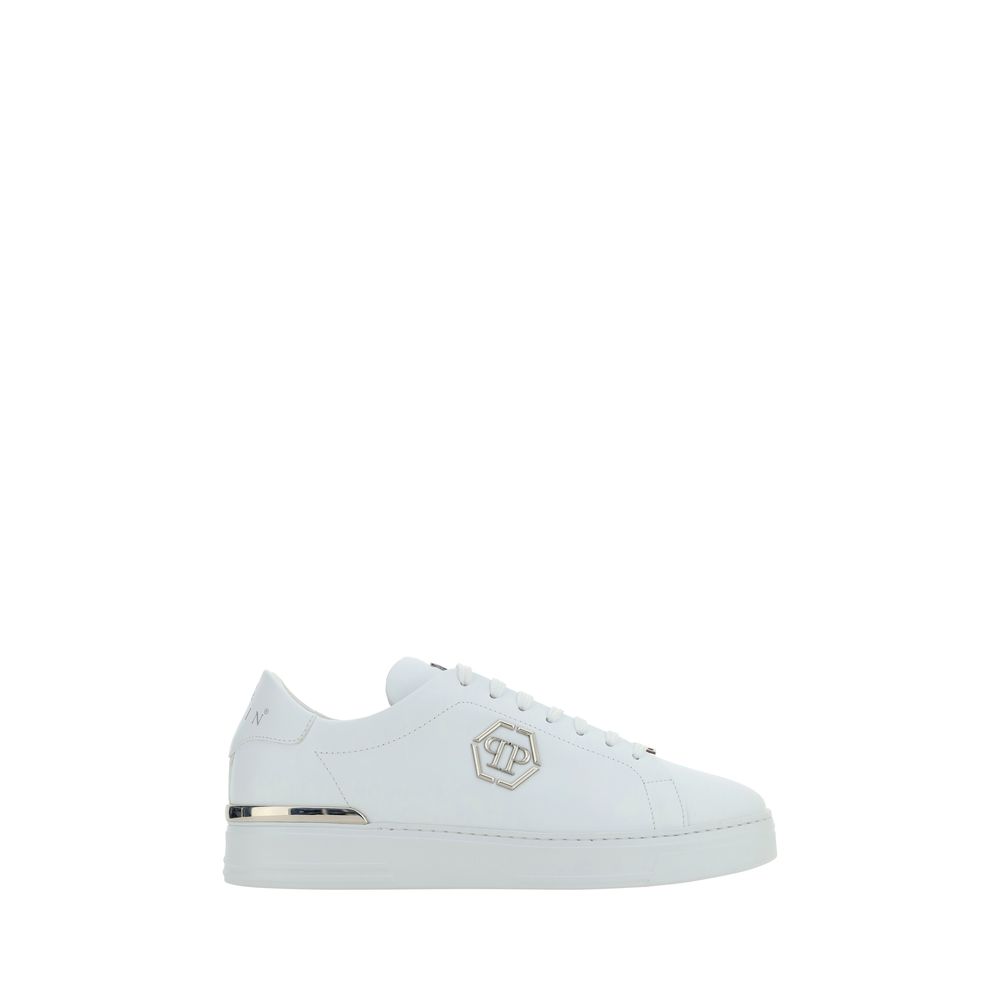 Chaussures basses en cuir de veau blanc Philipp Plein Bos Taurus, sneakers décontractés avec détails modernes.
