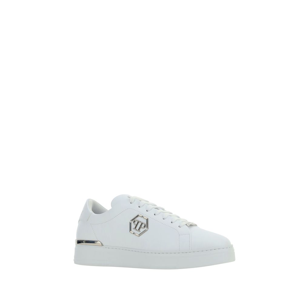 Baskets basses en cuir de veau blanc Philipp Plein Bos Taurus, sneakers de style décontracté, vue de profil.