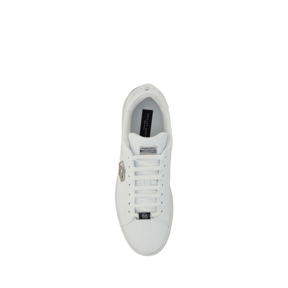 Chaussures basses en cuir de veau blanc Philipp Plein Bos Taurus, baskets décontractées avec détails modernes et style élégant.