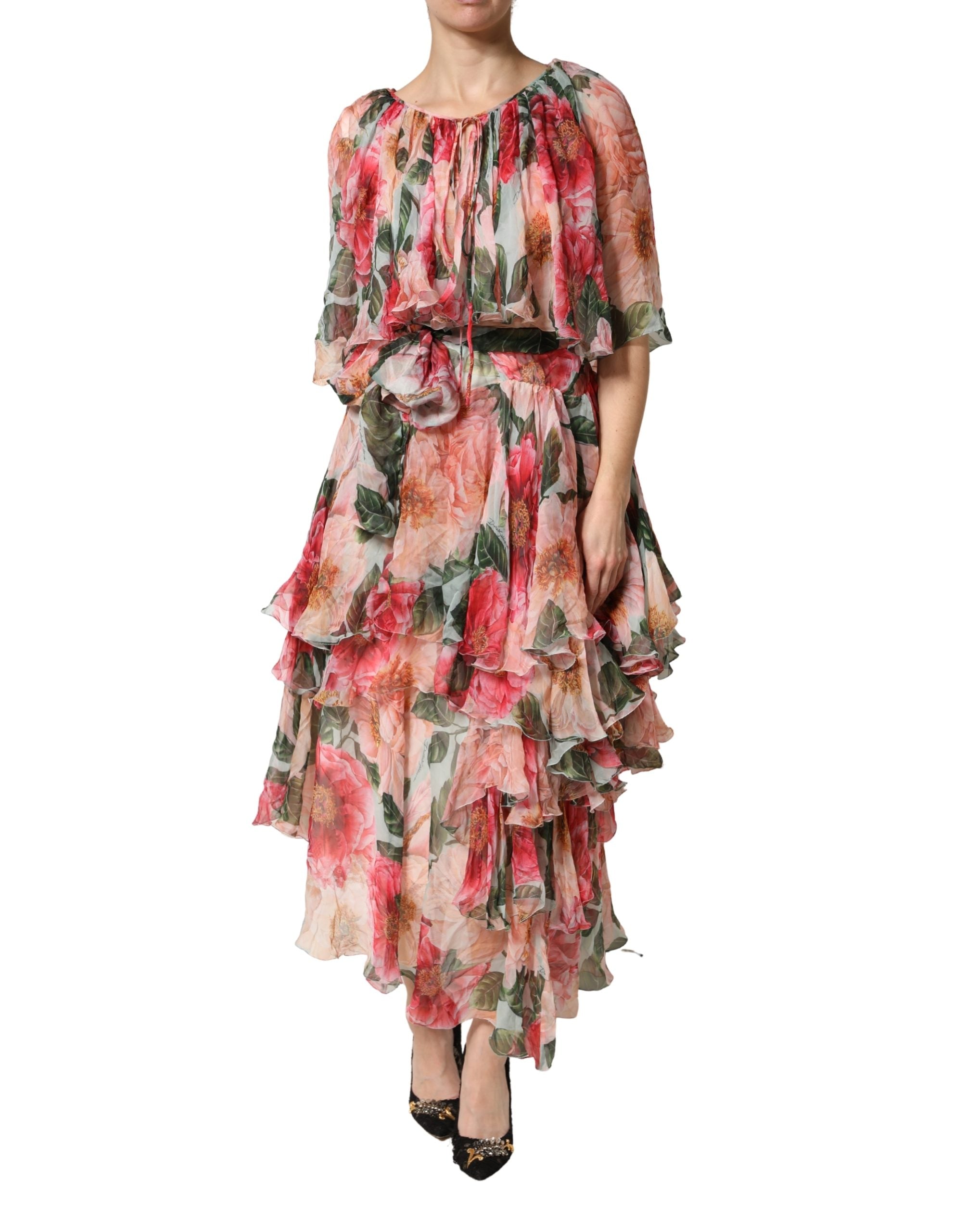 Robe longue en soie multicolore à fleurs de Dolce & Gabbana, style superposé et élégant, pour une allure sophistiquée.