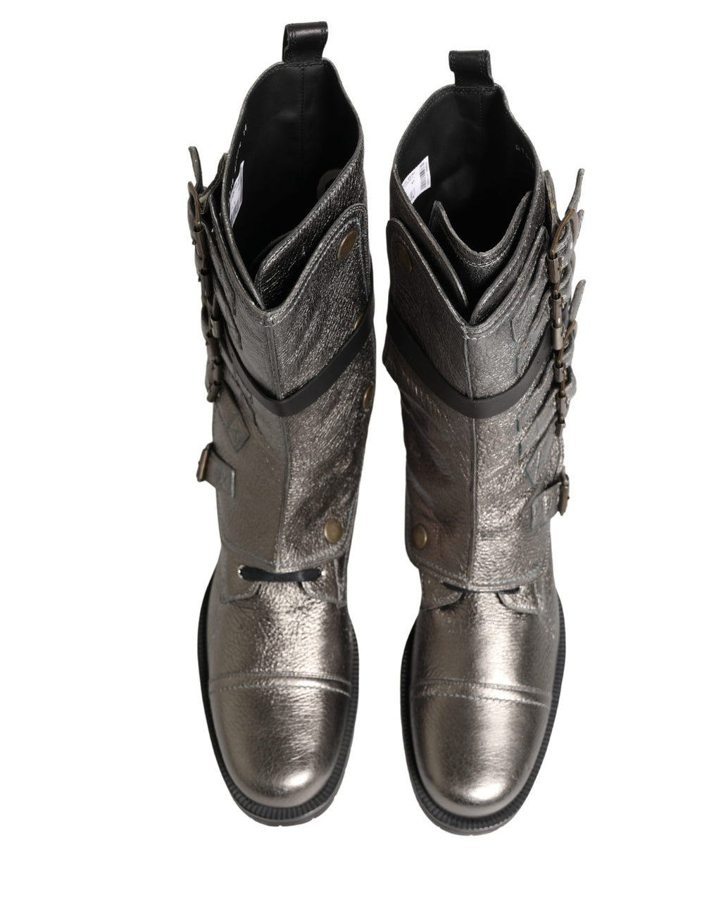 Bottes mi-mollet en cuir argenté métallisé Dolce & Gabbana, style combat biker, avec boucle et semelle robuste.