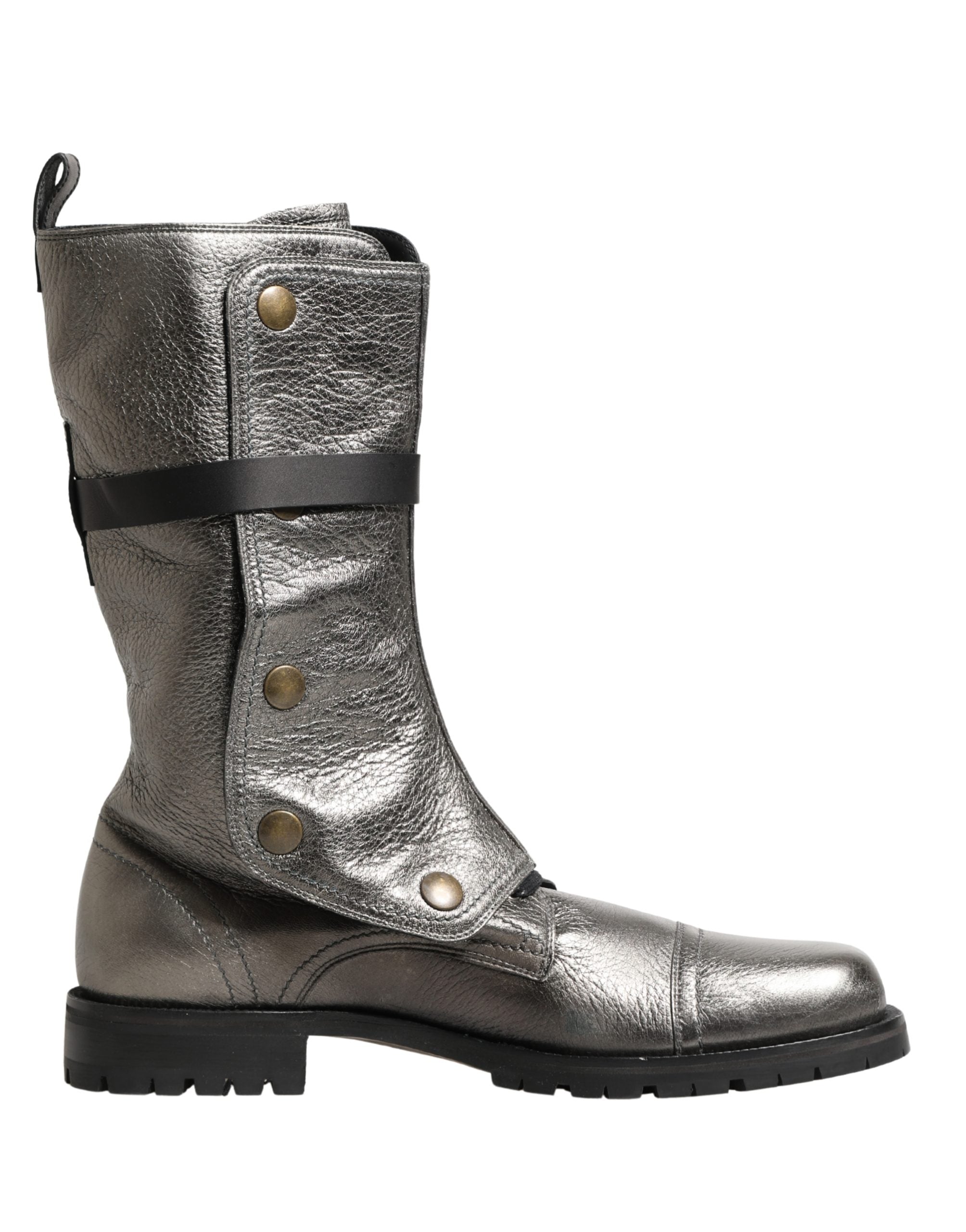 Bottes combat en métal argenté Dolce & Gabbana, bottines mi-mollet en cuir brillant avec semelle robuste.