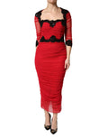 Robe moulante rouge en mesh et satin Dolce & Gabbana, robe midi élégante avec détails en bordure en mesh.
