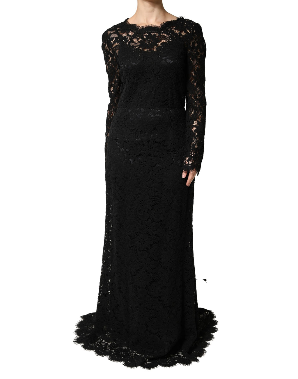 Robe longue en coton noire à manches longues avec dentelle, marque Dolce & Gabbana, élégante et sophistiquée.