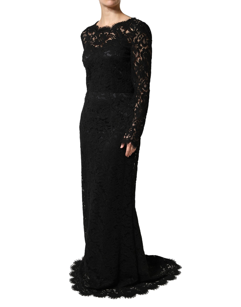 Robe maxi noire en coton avec manches longues en dentelle de Dolce & Gabbana, élégante et sophistiquée.